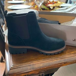 NIB black suede Chelsea Boot; never worn.